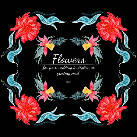 Tropical set of hand drawn orchid floral frames. Jungle foliage illustration. Floral set. Hand drawing. Vector collection, isolated. Natural spring wedding card. Summer tropical leaf. Botanical frame.のイラスト素材