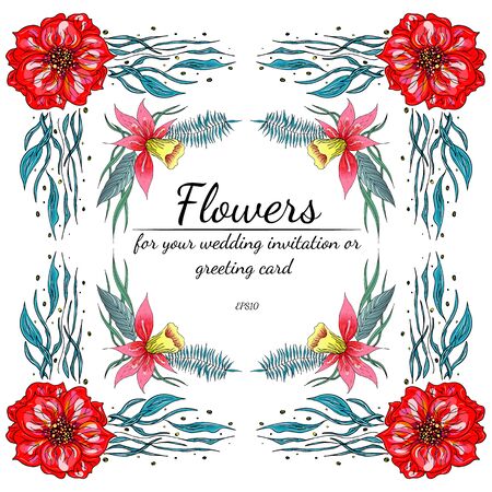 Tropical set of hand drawn orchid floral frames. Jungle foliage illustration. Floral set. Hand drawing. Vector collection, isolated. Natural spring wedding card. Summer tropical leaf. Botanical frame.のイラスト素材