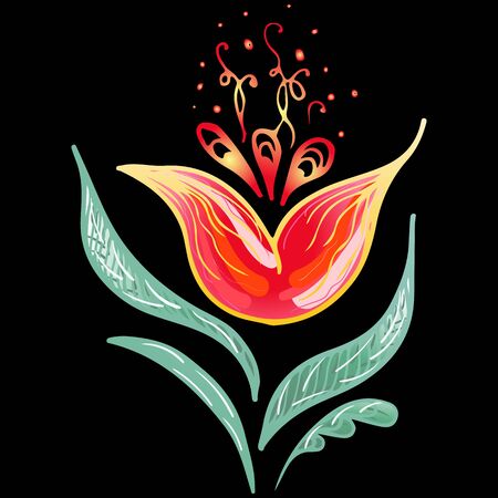 Summer tropical flat flower. Floral botanical flower isolated on black background. Hand drawn vector illustration. Botanical hawaii nature. Tropical flat icon. Hawaiian vector tattoo illustration.のイラスト素材