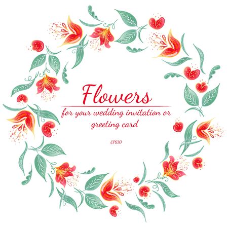 Tropical frame hand-drawn. Jungle foliage flat illustration. Floral border. Hand drawing. Vector, isolated. Natural spring wedding card. Summer tropical leaf. Botanical flat style frame. Line drawing.のイラスト素材