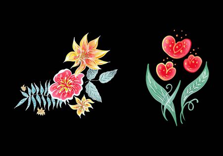 Set of two summer colorful tropical flowers. Floral botanical flower set isolated on white background.のイラスト素材