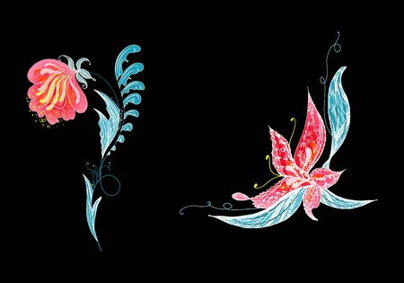 Set of two summer colorful tropical flowers. Floral botanical flower set isolated on white background.のイラスト素材