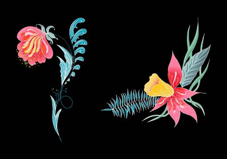 Set of two summer colorful tropical flowers. Floral botanical flower set isolated on white background. Hand drawn vector collection. Botanical Hawaii nature. Tropical palm icon. Hawaiian illustration.のイラスト素材