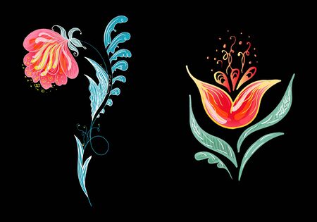 Set of two summer colorful tropical flowers. Floral botanical flower set isolated on white background. Hand drawn vector collection. Botanical Hawaii nature. Tropical palm icon. Hawaiian illustration.のイラスト素材