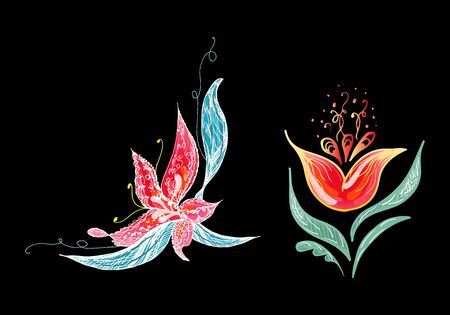 Set of two summer colorful tropical flowers. Floral botanical flower set isolated on white background. Hand drawn vector collection. Botanical Hawaii nature. Tropical palm icon. Hawaiian illustration.のイラスト素材