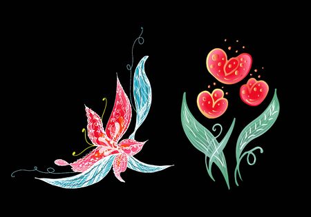 Set of two summer colorful tropical flowers. Floral botanical flower set isolated on white background. Hand drawn vector collection. Botanical Hawaii nature. Tropical palm icon. Hawaiian illustration.のイラスト素材