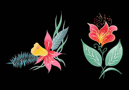 Set of two summer colorful tropical flowers. Floral botanical flower set isolated on white background. Hand drawn vector collection. Botanical Hawaii nature. Tropical palm icon. Hawaiian illustration.のイラスト素材