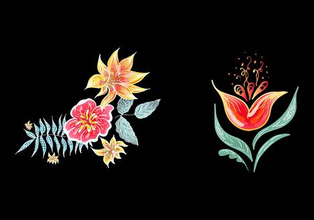 Set of two summer colorful tropical flowers. Floral botanical flower set isolated on white background. Hand drawn vector collection. Botanical Hawaii nature. Tropical palm icon. Hawaiian illustration.のイラスト素材