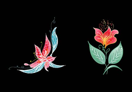 Set of two summer colorful tropical flowers. Floral botanical flower set isolated on white background. Hand drawn vector collection. Botanical Hawaii nature. Tropical palm icon. Hawaiian illustration.のイラスト素材