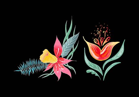 Set of two summer colorful tropical flowers. Floral botanical flower set isolated on white background. Hand drawn vector collection. Botanical Hawaii nature. Tropical palm icon. Hawaiian illustration.のイラスト素材