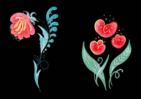 Set of two summer colorful tropical flowers. Floral botanical flower set isolated on white background. Hand drawn vector collection. Botanical Hawaii nature. Tropical palm icon. Hawaiian illustration.のイラスト素材