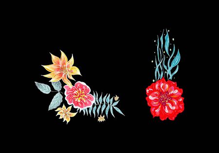 Set of two summer colorful tropical flowers. Floral botanical flower set isolated on white background. Hand drawn vector collection. Botanical Hawaii nature. Tropical palm icon. Hawaiian illustration.のイラスト素材