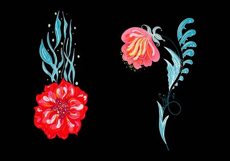 Set of two summer colorful tropical flowers. Floral botanical flower set isolated on white background. Hand drawn vector collection. Botanical Hawaii nature. Tropical palm icon. Hawaiian illustration.のイラスト素材