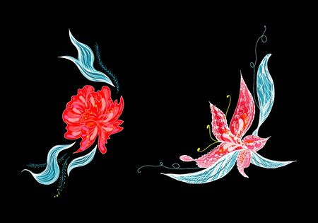 Set of two summer colorful tropical flowers. Floral botanical flower set isolated on white background. Hand drawn vector collection. Botanical Hawaii nature. Tropical palm icon. Hawaiian illustration.のイラスト素材