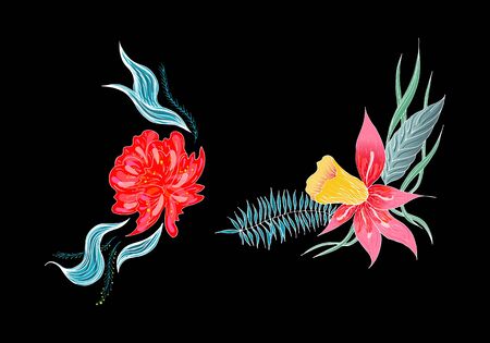 Set of two summer colorful tropical flowers. Floral botanical flower set isolated on white background. Hand drawn vector collection. Botanical Hawaii nature. Tropical palm icon. Hawaiian illustration.のイラスト素材