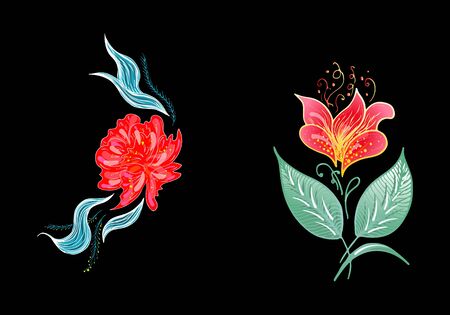 Set of two summer colorful tropical flowers. Floral botanical flower set isolated on white background. Hand drawn vector collection. Botanical Hawaii nature. Tropical palm icon. Hawaiian illustration.のイラスト素材