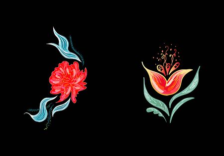 Set of two summer colorful tropical flowers. Floral botanical flower set isolated on white background. Hand drawn vector collection. Botanical Hawaii nature. Tropical palm icon. Hawaiian illustration.のイラスト素材
