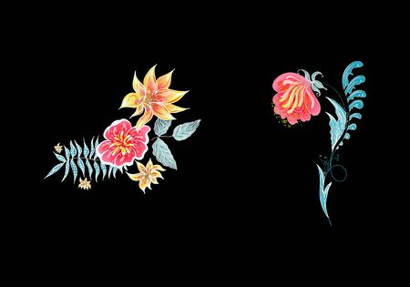 Set of two summer colorful tropical flowers. Floral botanical flower set isolated on white background. Hand drawn vector collection. Botanical Hawaii nature. Tropical palm icon. Hawaiian illustration.のイラスト素材