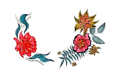 Set of two summer colorful tropical flowers. Floral botanical flower set isolated on white background. Hand drawn vector collection. Botanical Hawaii nature. Tropical palm icon. Hawaiian illustration.のイラスト素材