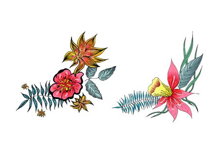 Set of two summer colorful tropical flowers. Floral botanical flower set isolated on white background. Hand drawn vector collection. Botanical Hawaii nature. Tropical palm icon. Hawaiian illustration.のイラスト素材