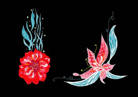 Set of two summer colorful tropical flowers. Floral botanical flower set isolated on white background. Hand drawn vector collection. Botanical Hawaii nature. Tropical palm icon. Hawaiian illustration.のイラスト素材