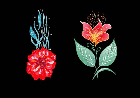 Set of two summer colorful tropical flowers. Floral botanical flower set isolated on white background. Hand drawn vector collection. Botanical Hawaii nature. Tropical palm icon. Hawaiian illustration.のイラスト素材