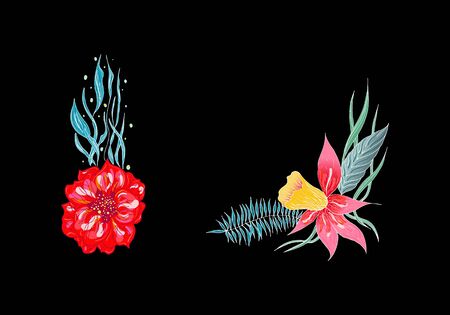 Set of two summer colorful tropical flowers. Floral botanical flower set isolated on white background. Hand drawn vector collection. Botanical Hawaii nature. Tropical palm icon. Hawaiian illustration.のイラスト素材
