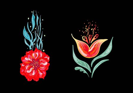 Set of two summer colorful tropical flowers. Floral botanical flower set isolated on white background. Hand drawn vector collection. Botanical Hawaii nature. Tropical palm icon. Hawaiian illustration.のイラスト素材