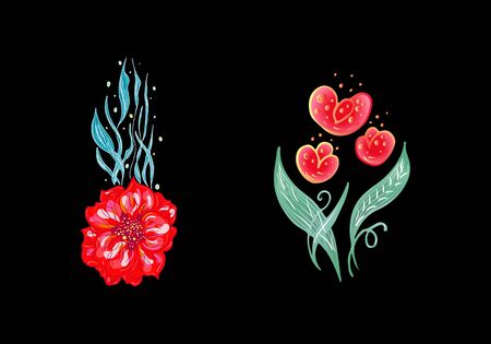Set of two summer colorful tropical flowers. Floral botanical flower set isolated on white background. Hand drawn vector collection. Botanical Hawaii nature. Tropical palm icon. Hawaiian illustration.のイラスト素材