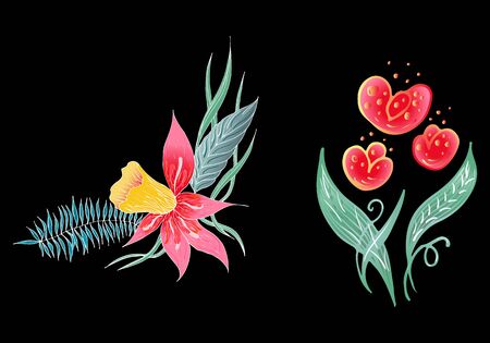 Set of two summer colorful tropical flowers. Floral botanical flower set isolated on white background. Hand drawn vector collection. Botanical Hawaii nature. Tropical palm icon. Hawaiian illustration.のイラスト素材