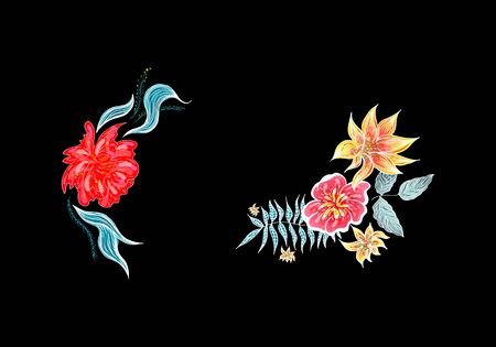 Set of two summer colorful tropical flowers. Floral botanical flower set isolated on white background. Hand drawn vector collection. Botanical Hawaii nature. Tropical palm icon. Hawaiian illustration.のイラスト素材