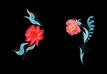 Set of two summer colorful tropical flowers. Floral botanical flower set isolated on white background. Hand drawn vector collection. Botanical Hawaii nature. Tropical palm icon. Hawaiian illustration.のイラスト素材