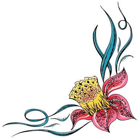 Engraved hand drawn abstract orchid. Retro flowers hand outline orchid, great design for any purposes. Outline vector. Nature background. Tropical plant. Floral design. Abstract art background.のイラスト素材