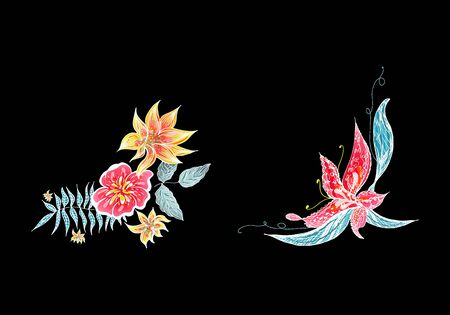 Set of two summer colorful tropical flowers. Floral botanical flower set isolated on white background. Hand drawn vector collection. Botanical Hawaii nature. Tropical palm icon. Hawaiian illustration.のイラスト素材
