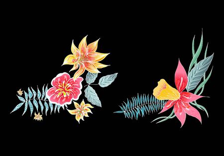 Set of two summer colorful tropical flowers. Floral botanical flower set isolated on white background. Hand drawn vector collection. Botanical Hawaii nature. Tropical palm icon. Hawaiian illustration.のイラスト素材