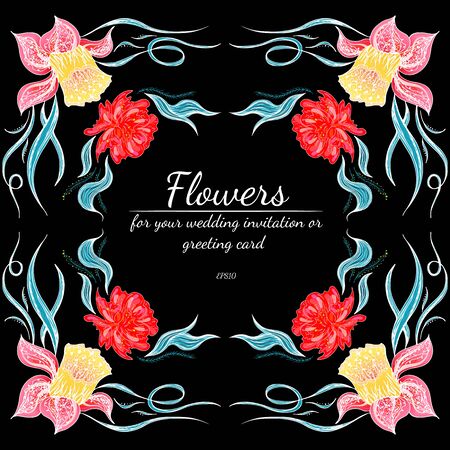 Tropical set of hand drawn orchid floral frames. Jungle foliage illustration. Floral set. Hand drawing. Vector collection, isolated. Natural spring wedding card. Summer tropical leaf. Botanical frame.のイラスト素材