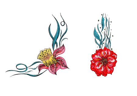 Set of two summer colorful tropical flowers. Floral botanical flower set isolated on white background. Hand drawn vector collection. Botanical Hawaii nature. Tropical palm icon. Hawaiian illustration.のイラスト素材