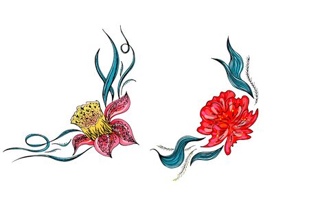 Set of two summer colorful tropical flowers. Floral botanical flower set isolated on white background. Hand drawn vector collection. Botanical Hawaii nature. Tropical palm icon. Hawaiian illustration.のイラスト素材