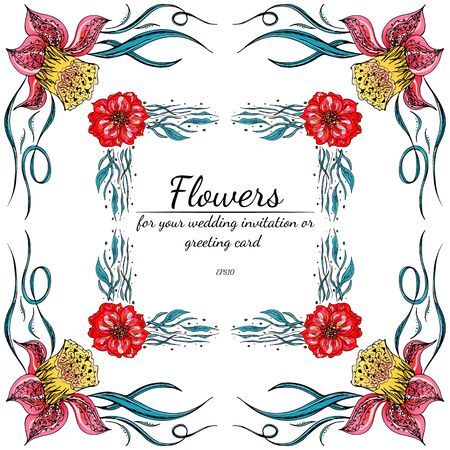 Tropical set of hand drawn orchid floral frames. Jungle foliage illustration. Floral set. Hand drawing. Vector collection, isolated. Natural spring wedding card. Summer tropical leaf. Botanical frame.のイラスト素材