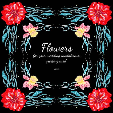 Tropical set of hand drawn orchid floral frames. Jungle foliage illustration. Floral set. Hand drawing. Vector collection, isolated. Natural spring wedding card. Summer tropical leaf. Botanical frame.のイラスト素材