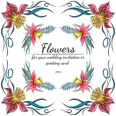 Tropical set of hand drawn orchid floral frames. Jungle foliage illustration. Floral set. Hand drawing. Vector collection, isolated. Natural spring wedding card. Summer tropical leaf. Botanical frame.のイラスト素材