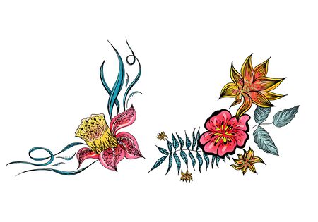 Set of two summer colorful tropical flowers. Floral botanical flower set isolated on white background. Hand drawn vector collection. Botanical Hawaii nature. Tropical palm icon. Hawaiian illustration.のイラスト素材