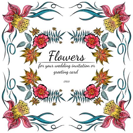 Tropical set of hand drawn orchid floral frames. Jungle foliage illustration. Floral set. Hand drawing. Vector collection, isolated. Natural spring wedding card. Summer tropical leaf. Botanical frame.のイラスト素材