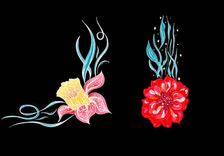 Set of two summer colorful tropical flowers. Floral botanical flower set isolated on black background. Hand drawn vector collection. Botanical Hawaii nature. Tropical palm icon. Hawaiian illustration.のイラスト素材