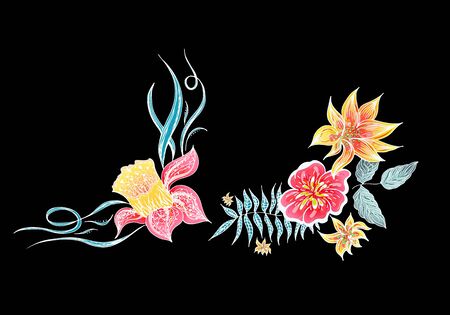 Set of two summer colorful tropical flowers. Floral botanical flower set isolated on black background. Hand drawn vector collection. Botanical Hawaii nature. Tropical palm icon. Hawaiian illustration.のイラスト素材