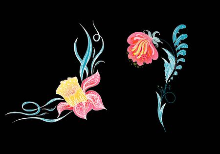 Set of two summer colorful tropical flowers. Floral botanical flower set isolated on black background. Hand drawn vector collection. Botanical Hawaii nature. Tropical palm icon. Hawaiian illustration.のイラスト素材