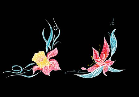 Set of two summer colorful tropical flowers. Floral botanical flower set isolated on black background. Hand drawn vector collection. Botanical Hawaii nature. Tropical palm icon. Hawaiian illustration.のイラスト素材
