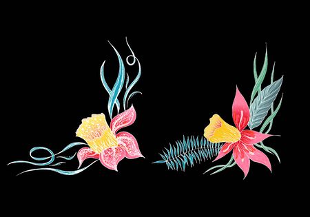 Set of two summer colorful tropical flowers. Floral botanical flower set isolated on black background. Hand drawn vector collection. Botanical Hawaii nature. Tropical palm icon. Hawaiian illustration.のイラスト素材