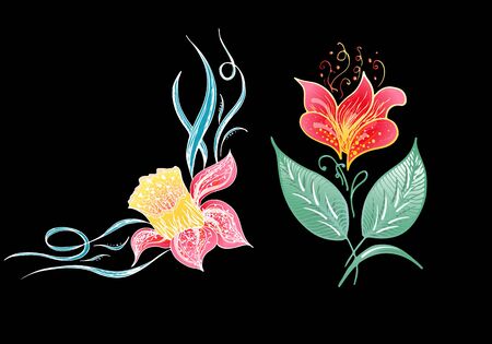 Set of two summer colorful tropical flowers. Floral botanical flower set isolated on black background. Hand drawn vector collection. Botanical Hawaii nature. Tropical palm icon. Hawaiian illustration.のイラスト素材