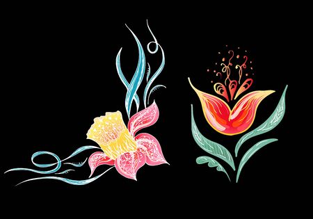 Set of two summer colorful tropical flowers. Floral botanical flower set isolated on black background. Hand drawn vector collection. Botanical Hawaii nature. Tropical palm icon. Hawaiian illustration.のイラスト素材